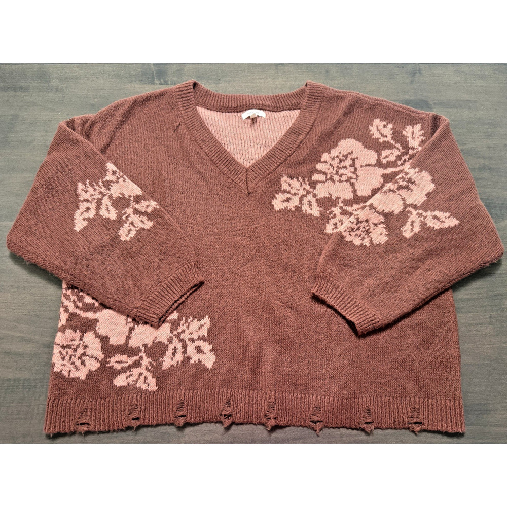 Maurices Sweater Womens XL Brown Pink Floral Rose V Neck Distressed Hem